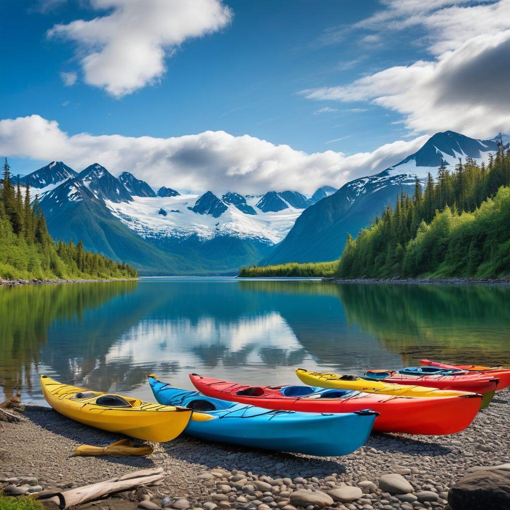A breathtaking landscape of Alaska showcasing majestic mountains, lush green forests, and a serene glacial lake reflecting the sky. Include a glimpse of vibrant wildlife, such as a grizzly bear fishing and soaring eagles above. Incorporate cultural elements like an indigenous totem pole and traditional kayaks by the shore. The scene evokes a sense of adventure and discovery in a pristine natural setting. super-realistic. vibrant colors. panoramic view.