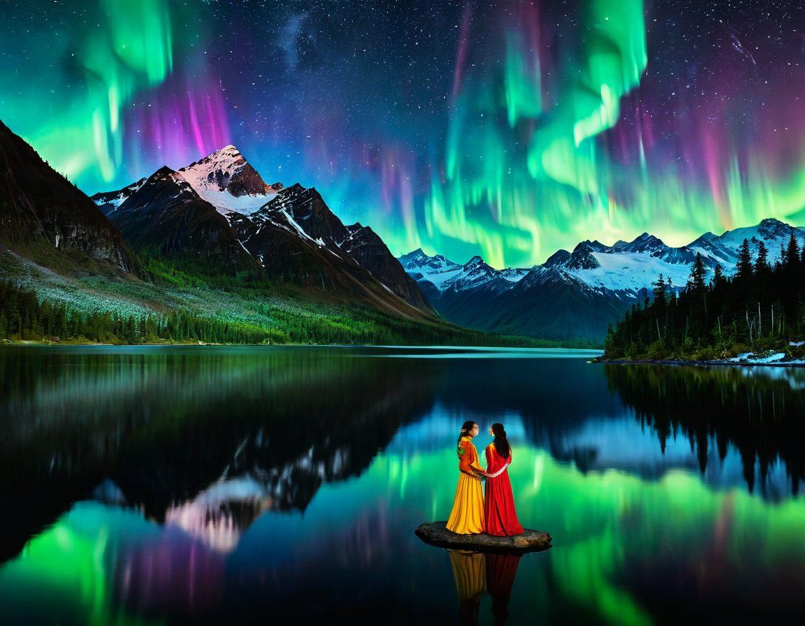A breathtaking view of Alaska's stunning landscapes featuring towering mountains, lush greenery, and a serene lake reflecting the sky, blended with scenes of colorful local festivals showcasing traditional attire, dancers, and lively decorations. The sky should be a riot of vibrant hues highlighted by the Northern Lights. super-realistic. vibrant colors. dynamic composition.