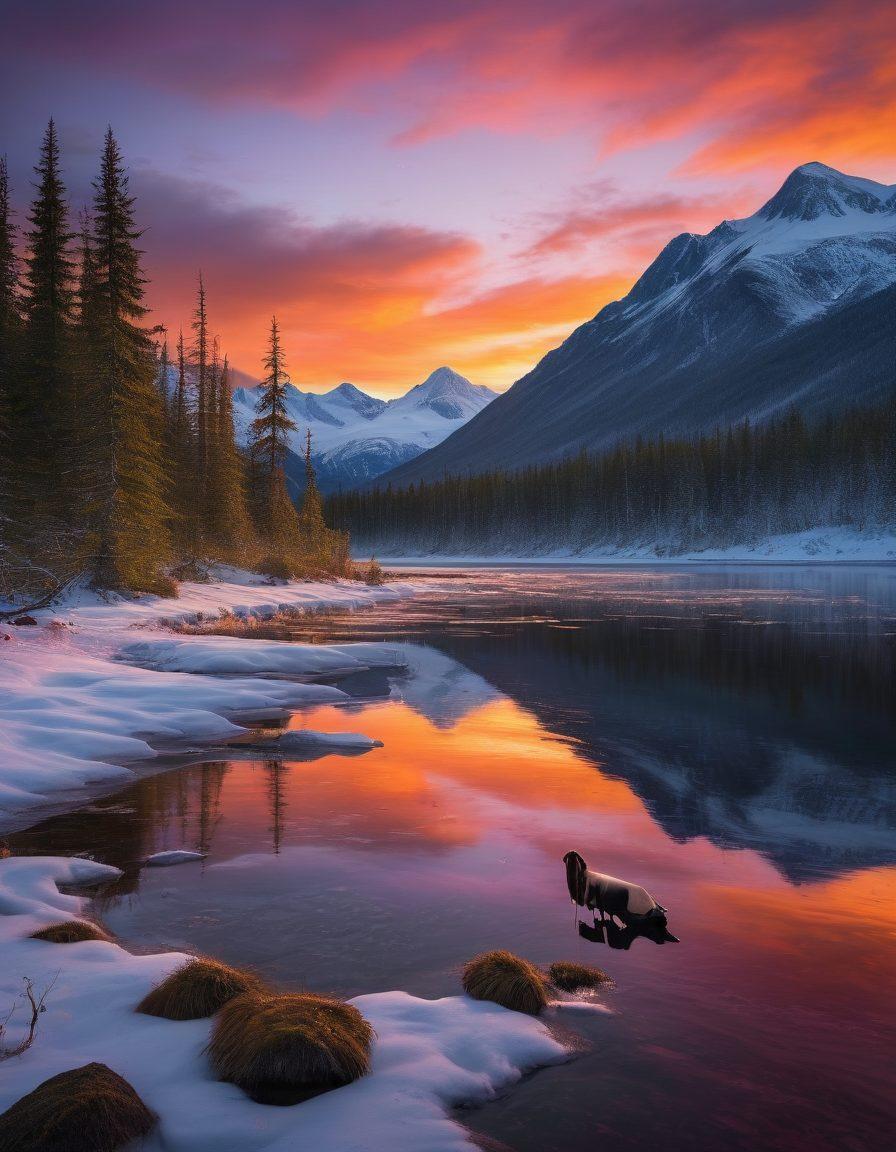 A breathtaking landscape of wild Alaska featuring majestic mountains, lush forests, and a vibrant sunset sky. Include a group of adventurers engaging in traditional Alaskan activities like dog sledding and fishing, while a local indigenous person shares stories of their culture. Enhance the image with rich colors, wildlife such as moose and eagles, and a hint of Northern Lights in the background. super-realistic. vibrant colors. 3D.